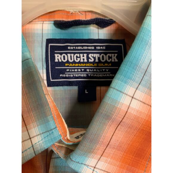 Rough Stock Mens Large Orange Blue Pearl Snap Western Flannel Cowboy Rodeo - Picture 4 of 14